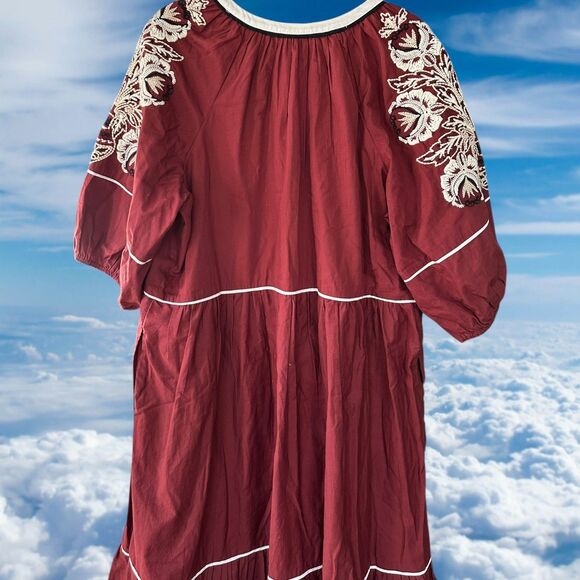 Anthropologie Gretel Embroidered Maxi Dress Maroon White 1X - Picture 10 of 11